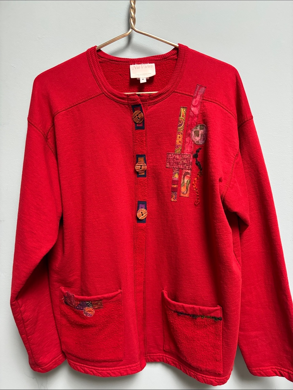 Vintage Nu Views Red Fleece Cardigan Jacket Medium 100% Cotton USA Appliqué Boho